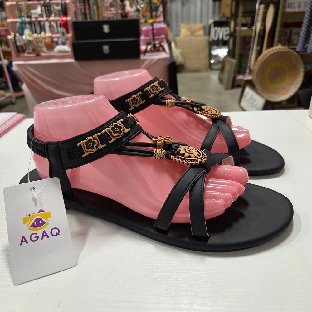 AGAQ Womens Black Gold Floral Medallion Boho Flat Slingback Sandals Size 43 NEW